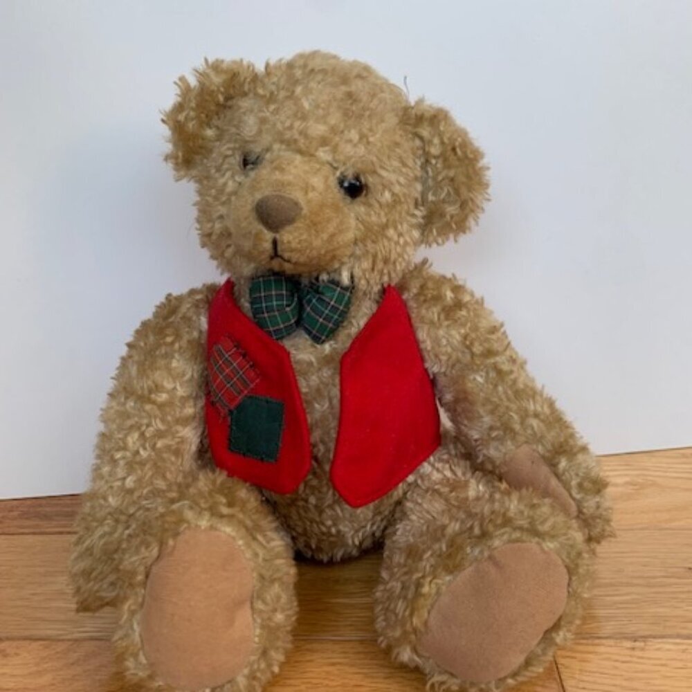 Title: Vintage Hallmark Teddy Bear Red Vest Plaid Bow Plush Stuffed Animal - Picture 2 of 6